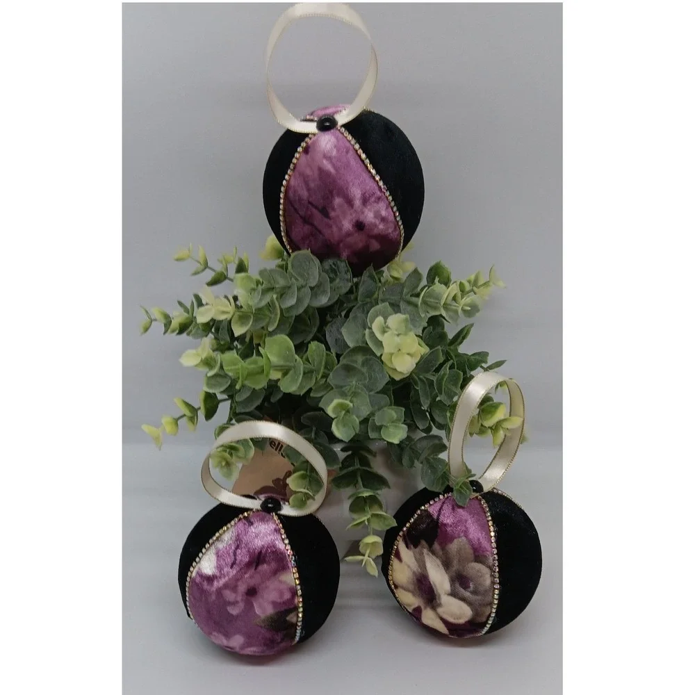 Handmade Kimekomi Christmas Ornaments Black Purple Velvet Rhinestone Set of 4